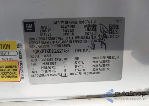 2016 GMC Acadia Denali z USA, uszkodzony, nr VIN 1GKKRTKD2GJ221432